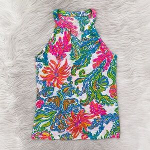 Lilly Pulitzer Pink Green Blue Coral Casa Marina V-Neck Sleeveless Arya Tank Top
